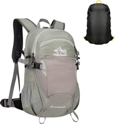 CarryQuest® - 25L Outdoor Hiking Rugzak - Lichtgewicht Nylon Backpack met Wateropslag - Drinksysteem - Regenhoes - Rugventilatie - Patchwork Design - 45x27x17 cm - Grijs