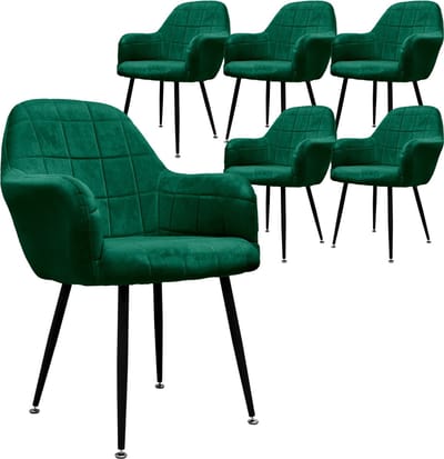 Eetkamerstoel set van 6 vierkant gewatteerd met rugleuning en armleuningen Donkergroen Keukenstoel met microvezel fluwelen bekleding ML design