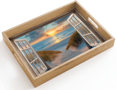 Dienblad hout 40x30 cm - Schootdienblad - Doorkijk - Strand - Pad - Zonsondergang - Borrelplank rechthoek - Plateau dienbladen