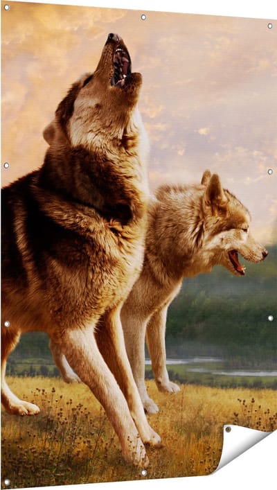 Gards Tuinposter Twee Wolven op het Gras - 100x150 cm - Tuindoek - Tuindecoratie - Wanddecoratie buiten - Tuinschilderij