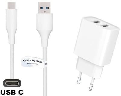 OneOne 2.4A lader met 2 poorten + 1,8m sterke USB C kabel. Standaard oplader adapter past op Samsung Galaxy S8, S9, A07, A17, F36, M36, F56, Tab Active 5 Pro, Tab S9, S9 FE, Tab S10 Lite, S10+, S10 FE+, S10 Ultra