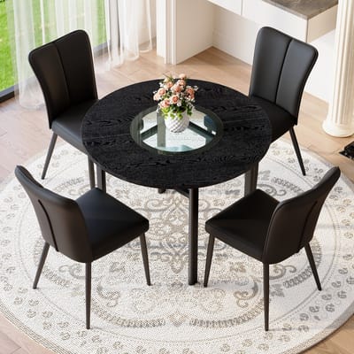 MODENUIT Eettafelset 100 cm - Ronde Tafel Met Glasinleg En 4 Stoelen - Voor Eetkamer - MDF, Metaal, Zwart