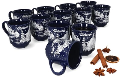 3160110 - Set van 12 glühwein mokken in donkerblauw met kerstlandschap 0.2L gekalibreerd ZONDER LICHT