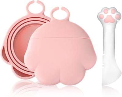 Siliconen blikdeksel kattenvoer met lepel voor huisdiervoerblikjes, deksel voor kattenvoer/hondenvoer blikjes, universele blikafsluiting, huisdiervoeropslag, cadeau (roze)