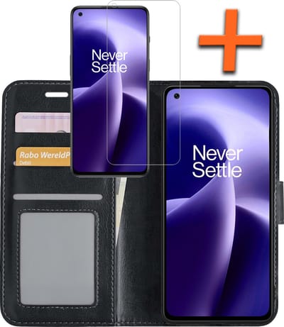 Hoes - Met Screenprotector - Geschikt voor OnePlus Nord 2T - Luxe Pasjeshouder - Bookcase Portemonee - Flip Case - Kunstleer Book Case - Flipcase - Book Cover - Walletcase - PortemonneeHoes - Zwart