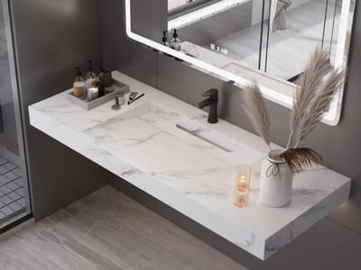 Vente-unique Hangende wastafel van solid surface met wit marmer effect TAKOTNA - L120,2 x B45,2 x H8 cm