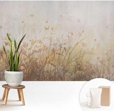 Wallfluent Behang - Harmonie van de weide Muurbehang - 208x146 cm - Beige Behang - Voor natuurliefhebbers en liefhebbers van entomologie - Behang Voor de slaapkamer, woonkamer en hal - Behangrol Bloemen en planten