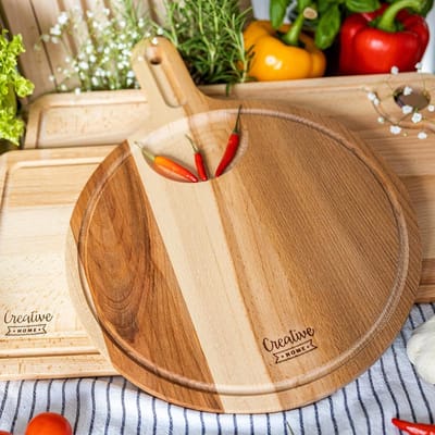 Creative Home Ronde snijplank | 40 x 30 x 1,5 cm | Houten Snijplank met Handvat, Sapgroef & Dipkomruimte | Natuurlijk Beukenhout | Omkeerbaar | Ideaal voor Elk Huis en Keuken
