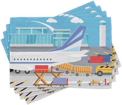 ABAKUHAUS luchthaven-placematten, karikatuur van een laad- en transportvliegtuig, wasbare stoffen eetkamer- en keukentafeldecoratie in digitale druk, veelkleurig