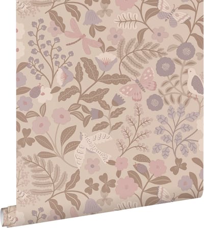 ESTAhome behang bloemen en vogels taupe en lila paars - 50 x 900 cm - 132231