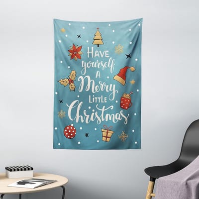 ABAKUHAUS Kersttapijt, Winteritem Little Christmas, Woonkamer Slaapkamer Wanddoek Zijdezacht Satijn Wandtapijt, 100 x 150 cm, Cadet Blue Meerkleurig