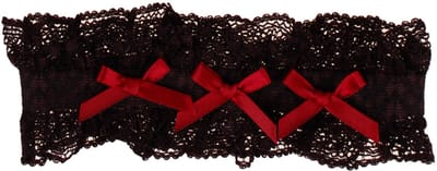 Kousenband Zwart met Kant & Bordeauxrode Strikjes - 33cm Elastisch
