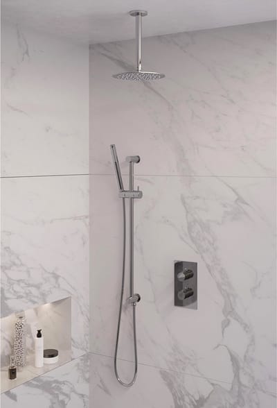 Brauer Chrome Edition thermostatische inbouw regendouche 3-weg omstelling SET 41 met 20 cm douchekop en plafondarm en staaf handdouche en doucheslang en geïntegreerde glijstang chroom