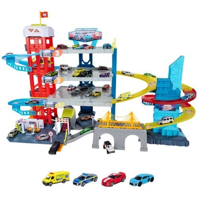 Speelgoedgarage - Majorette - Double track garage met 4 verdiepingen met 4 auto's, 40 parkeerplaatsen en lift