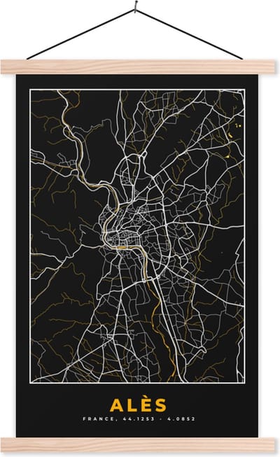Posterhanger incl. Poster 40x60 cm - Schoolplaat - Alès - Stadkaart - Plattegrond - Kaart - Frankrijk - Textielposter - Blanke latten - Stadskaart