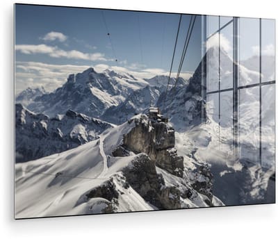® Glasschilderij 180x120 cm - Schilderij acrylglas - Kabelbaan naar de Zwitserse berg Schilthorn in Europa - Foto op glas - Muurdecoratie woonkamer - Wanddecoratie slaapkamer - Schilderijen