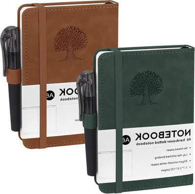Set van 2 A6 Notitieboeken met 80 GSM Papier, 192 Bladzijden, Elastische Sluiting en Pocketformaat voor School, Werk en Vergaderingen (Bruin)