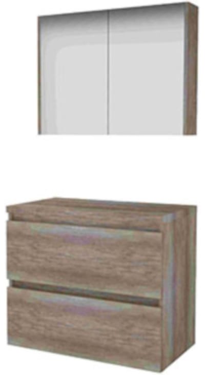Basic-Line Comfort 46 Badkamermeubelset - 80 x 46 cm - Greeploos - 2 Lades - Wastafelblad - Spiegelkast - Scotch Oak