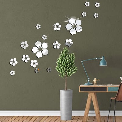 18 Stuks 3D Bloem Spiegel Muursticker Slaapkamer Woonkamer Badkamer Muur Decoratie Zilver