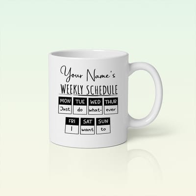 Gepersonaliseerde Weekplanner Mok 330ml – Grappige Motivatie Koffiebeker – Aanpasbaar Naam Cadeau voor Werk & Thuis