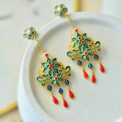 Natuurlijke An Jade Bloem Emaille Kwast Oorbellen Voor Vrouwen Prachtige Retro Stijl Klassieke Cheongsam Hanfu Accessoires beige