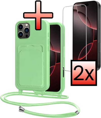 Hoes Geschikt voor iPhone 16 Pro Hoesje Pasjeshouder Cover Met Koord Case Siliconen Hoes Met Telefoonkoord en Kaarthouder Met 2x Screenprotector - Groen