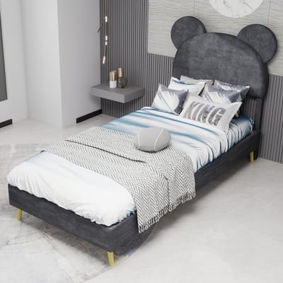 Eenpersoonsbedden - 90x200CM - Modern Minimalistisch Zacht Bed Cartoon Hoofdbord Lage Box - Grijs (Geen Gaslift, Geen Matras)