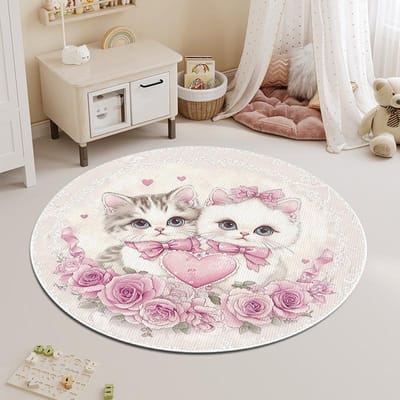Rond Tapijt Slaapkamer Vlekbestendig Cartoon Kat Bedzijde Kinderkleed Vloermat Woonkamer Wasbaar Verdikt Salontafelmat 80 * 80CM imitation cashmere