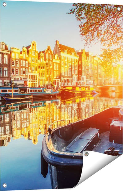 Gards Tuinposter Amsterdamse Brug - Gracht - met Bloemen - 60x80 cm - Tuindoek - Tuindecoratie - Wanddecoratie buiten - Tuinschilderij