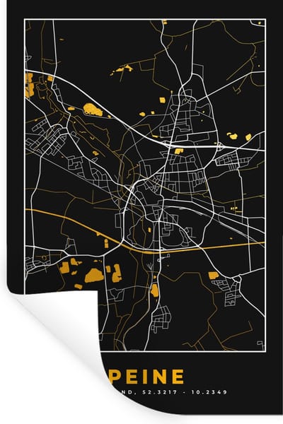 Muurstickers - Sticker Folie - Peine - Stadskaart - Black and Gold - Kaart - Duitsland - Plattegrond - 20x30 cm - Plakfolie - Muurstickers Kinderkamer - Zelfklevend Behang - Zelfklevend behangpapier - Stickerfolie