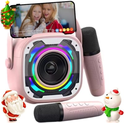 Mini karaokemachine voor kinderen - telefoonstandaard en briljant geluid en 2 gevoelige microfoons - licht- en stemeffecten - kleine karaokemachine voor kinderen voor meisjes en jongens (3, 5, 8, 12 jaar) - draagbare gebarentaalmachine