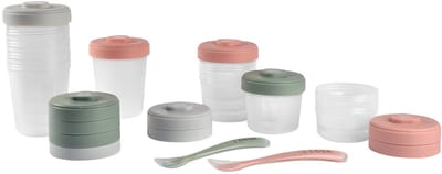 Béaba - Bewaarpotjes - Set van 12 - 2x90ml, 4x150ml, 6x250ml + 2 Siliconen Lepels - Hermetisch - Magnetron - Groen/Roze - BPA-vrij