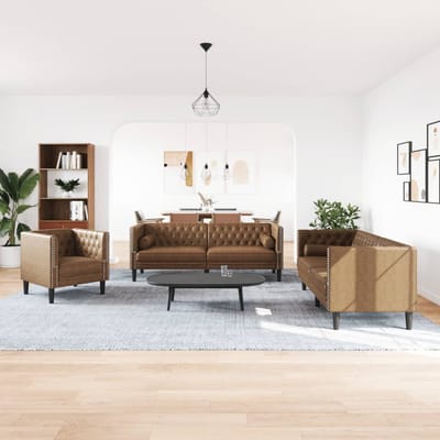 vidaXL - 3-delige - Loungeset - Chesterfield - met - bolsters - kunstsuède - bruin
