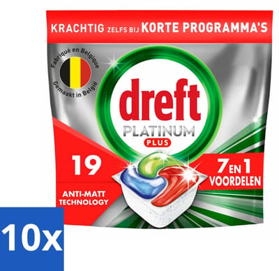 10 x Dreft - Vaatwastabletten - Platinum Plus All-in-One - Krachtige reiniging - 19 Tabletten - Vaatwasmiddel - Vaatwastabletten - Glans Herstellen - Vaat Reinigen - Vaatwasser
