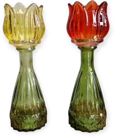 Daan Kromhout - Waxine houders - Kaarsenhouders - Set van 2 - Tulp - Glas - Geel/Oranje - 7x22cm