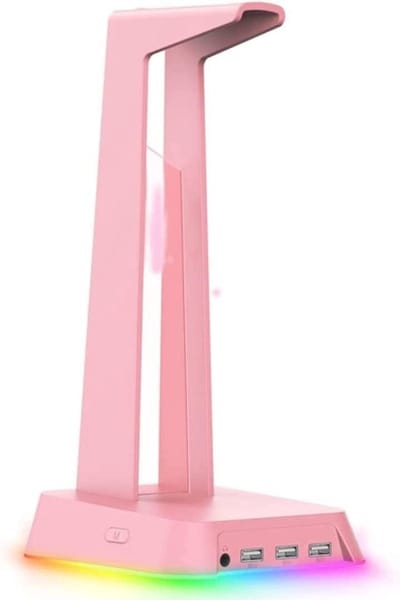Hoofdtelefoonstandaard - Desktop Houder - Bureau Organisatie - RGB Verlichting - 3 USB Poorten - Blauw Roze