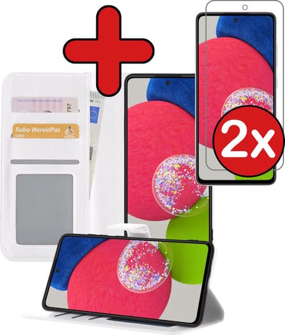 Hoesje - Met 2x Screenprotector - Geschikt voor Samsung Galaxy A52s 5G - Luxe Pasjeshouder - Flip Case - Bookcase Portemonee - Kunstleer Book Case - Flipcase Hoes - Book Cover - Walletcase - Portemonneehoes - Telefoonhoes - Wit