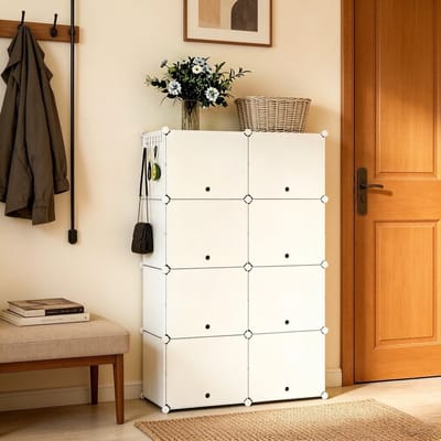 MIVRAY Schoenenkast - Modulaire Opbergkast Met DIY Indeling En 8 Vakken - Voor Hal Badkamer En Kantoor - ABS Metaal PP - 94x36,5x144 Cm - Wit