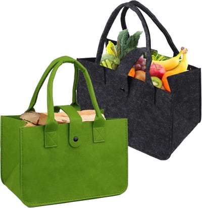 Complete XXL 2 Favoriete Grijze en 1 Groene Winkelmanden en Tassen - Gepersonaliseerde Vilt Shopper en Opvouwbare Mand voor Hout en Boodschappen