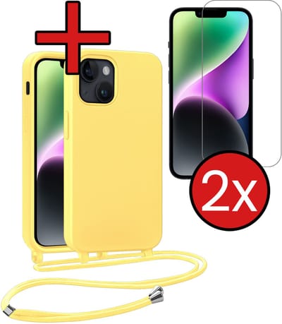 Hoesje Geschikt voor iPhone 13 Mini Hoesje Siliconen Case Met Koord Met 2x Screenprotector - Hoes Geschikt voor iPhone 13 Mini Hoesje Backcover Met Telefoonkoord - Geel