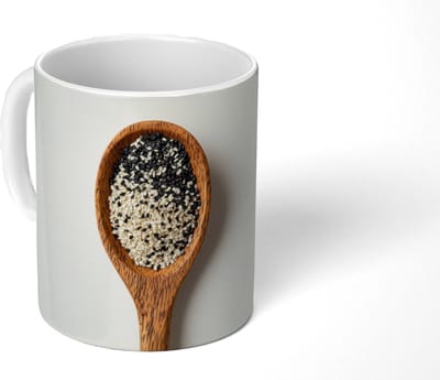 Mok - Koffiemok - Lepel - Sesam - Wit - Mokken - 350 ML - Beker - Koffiemokken - Theemok