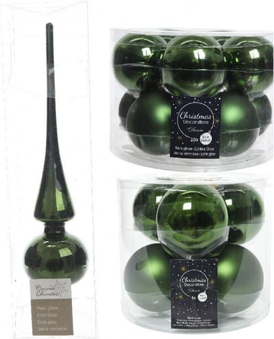 Compleet glazen kerstballen pakket donkergroen glans/mat 32x stuks met piek glans - 20x 6 cm - 12x 8 cm
