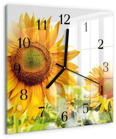 Tulup Wandklok - Zonnebloem Moderne Wandklok Glas - 30x30 cm - Geel Wandklok Glas Decoratie - Zwarte Handen - Vierkante Wandklok - Moderne Wandklok Glas - Wandklok Glas Decoratie