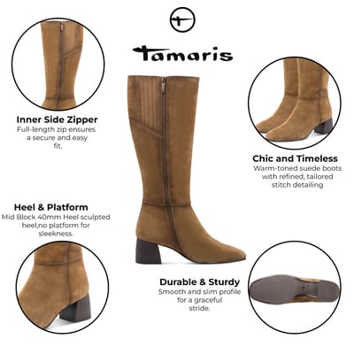 Tamaris Dames Camel Bruine Leren Kniehoge Hak Rijlaarzen