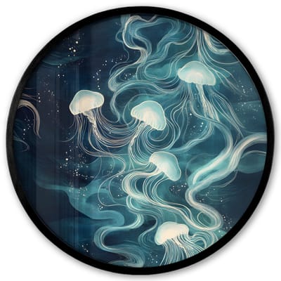 Poster in lijst Rond - Fotolijst 40x40 cm - Posters - Kwallen - Zee - Wit - Golven - Ronde posterlijst zwart - Decoratie - Wanddecoratie woonkamer - Muurdecoratie slaapkamer