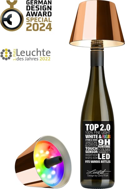 Sompex Flessenlamp " TOP " met houdbare kurk| 2.0 Led| Koper - indoor / outdoor - oplaadbaar | RGB