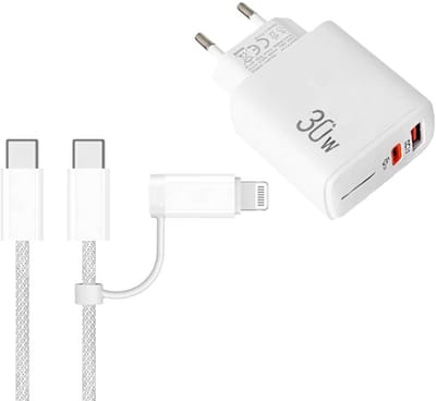 30W USB-C + USB-A Snellader - Oplader Adapter met PD3.0, PPS, QC3.0 - Incl. USB-C naar USB-C + 8-Pin kabel - Geschikt voor iPhone en iPad - wit