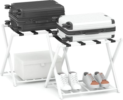 COSTWAY Metalen opvouwbare bagagerek, set van 2 kofferstandaarden met 2 verdiepingen, kofferbok voor slaapkamer, logeerkamer, hotel, wit