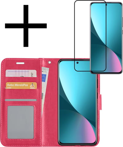 Hoesje - Met Screenprotector - Geschikt voor Xiaomi 12X - Luxe Pasjeshouder - Bookcase Portemonee - Flip Case - Kunstleer Book Case - Flipcase - Book Cover - Walletcase - Portemonneehoes - Donkerroze