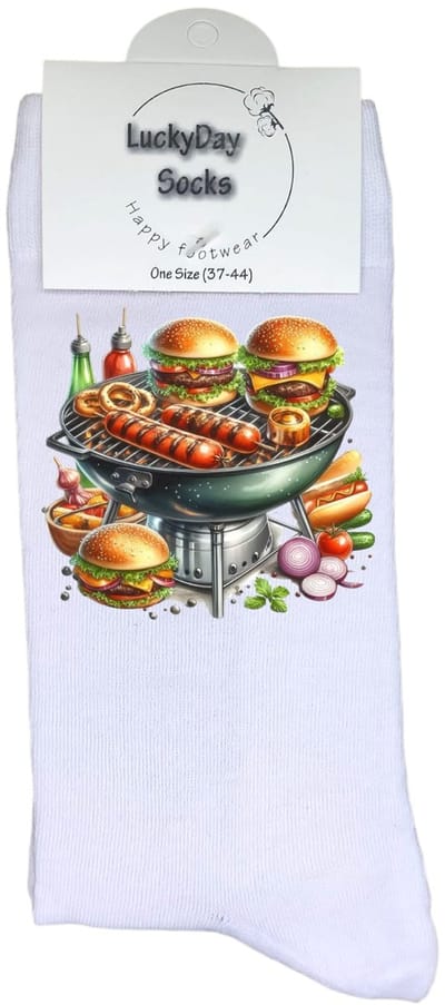 Luckyday Socks - Unisex sokken - BBQ met broodje hamburger - cadeau sokken - Maat 37-44